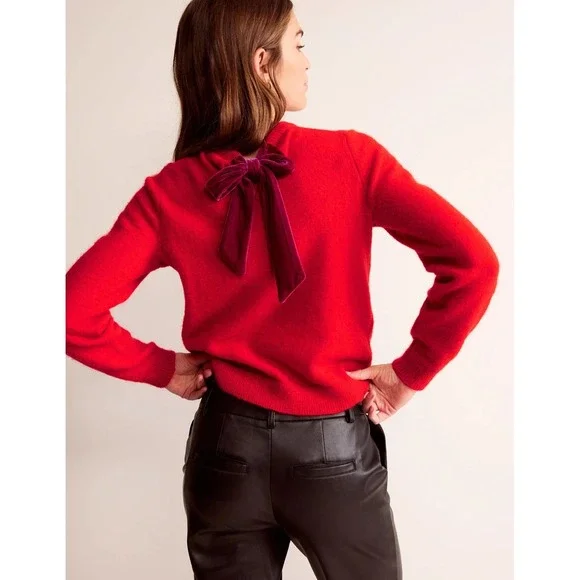 Boden Red Fluffy Bow Back Jumper Sweater Velvet Tie Women's Size XS - Picture 4 of 14